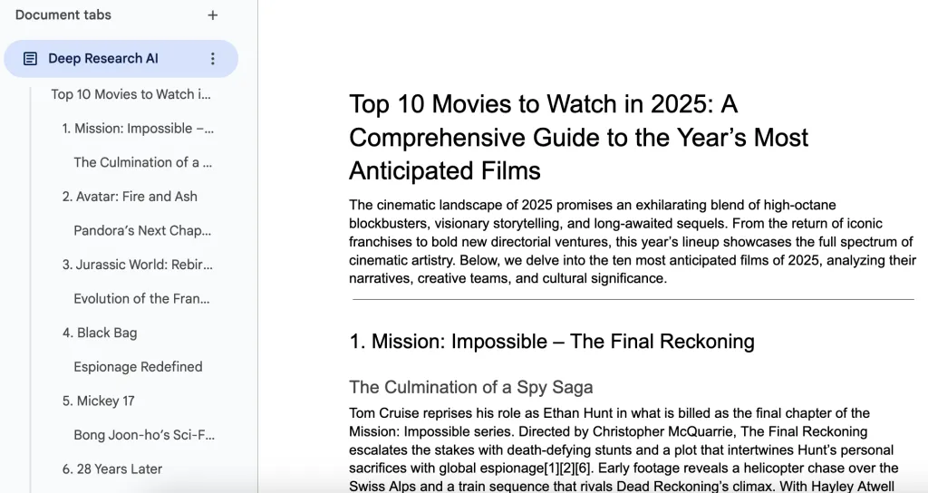 Generated content inserted into Google Docs with headings and structured formatting